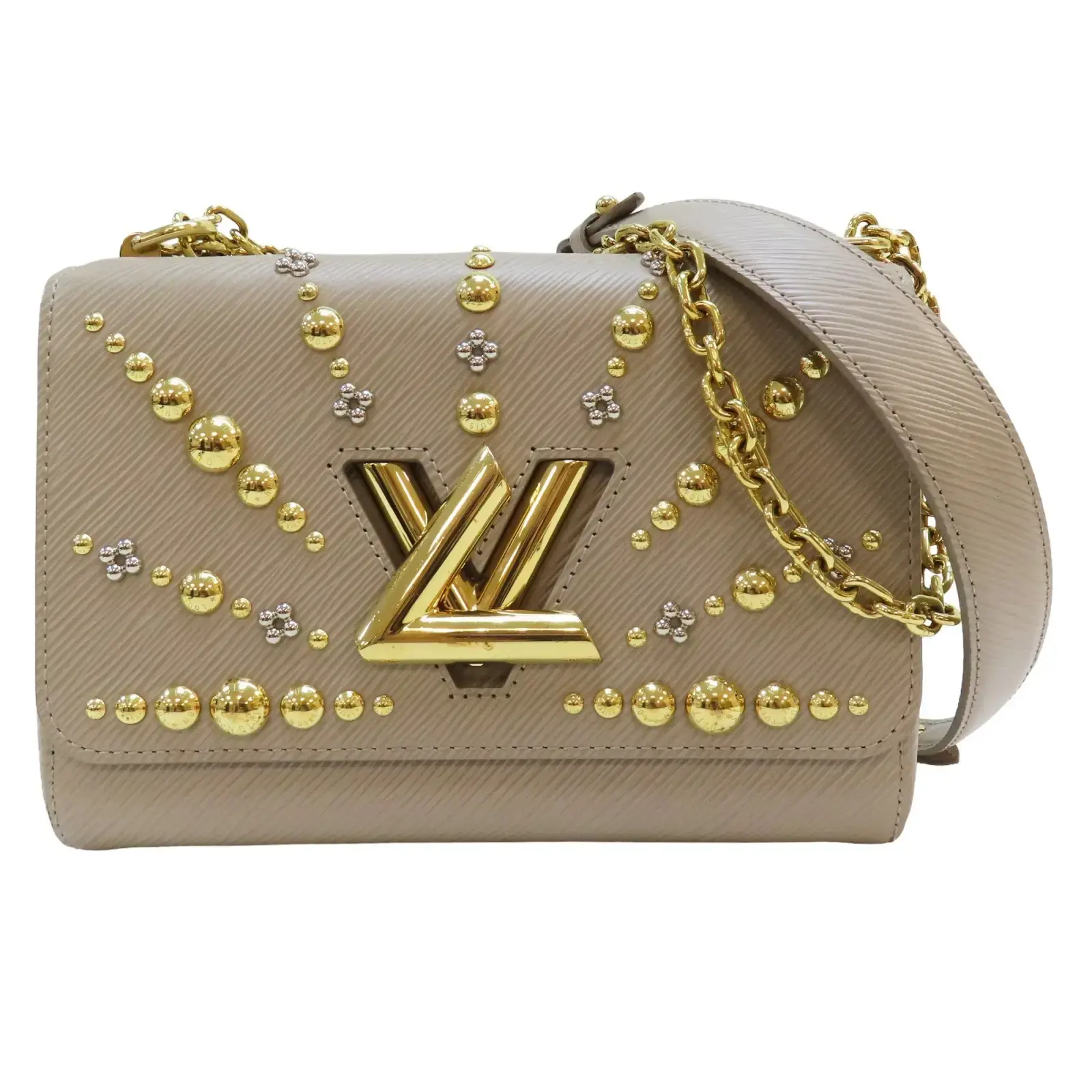 LOUIS VUITTON Twist MM Rockstud Shoulder Bag EPI Leather Milktea